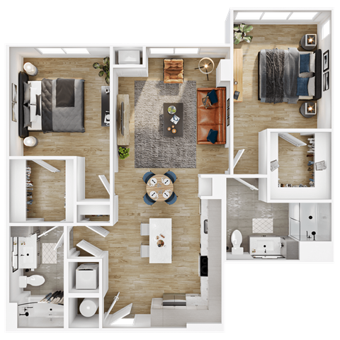 Floor plan for 2 beds, 2 baths, 1096 sqft